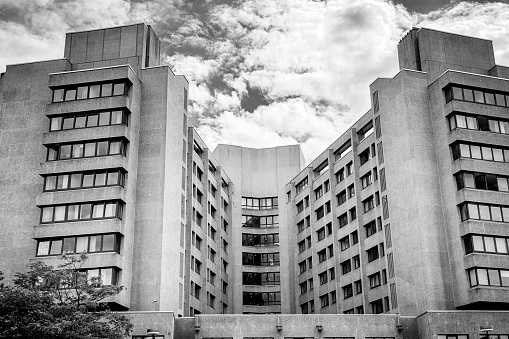 HDR black and white shot of the urban hospital, berlin kreuzberg