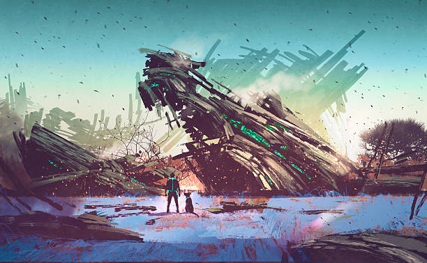 Spaceship Crashed On Blue Field Stock Illustration - Download Image Now - Spaceship, Crash, Fantasy - iStock