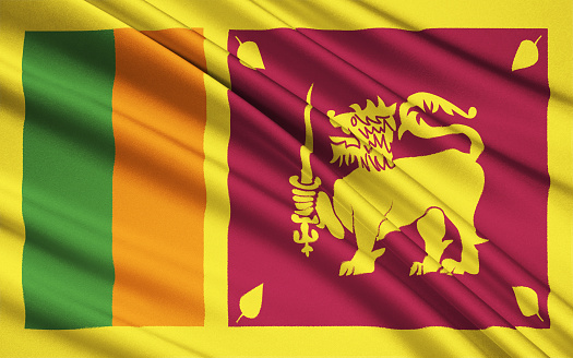The flag of Sri Lanka consists of a gold lion, holding a kastane sword in its right fore paw on a dark red background with four golden bo leaves, one in each corner. Around the background is a yellow border, and to its left are 2 vertical stripes of equal size in green and saffron.