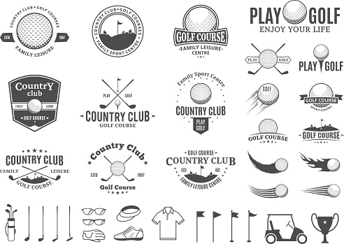 Set of golf country club labels templates. Golf labels with sample text. Golf icons for golf tournaments, organizations and golf country clubs. Vector labels design.