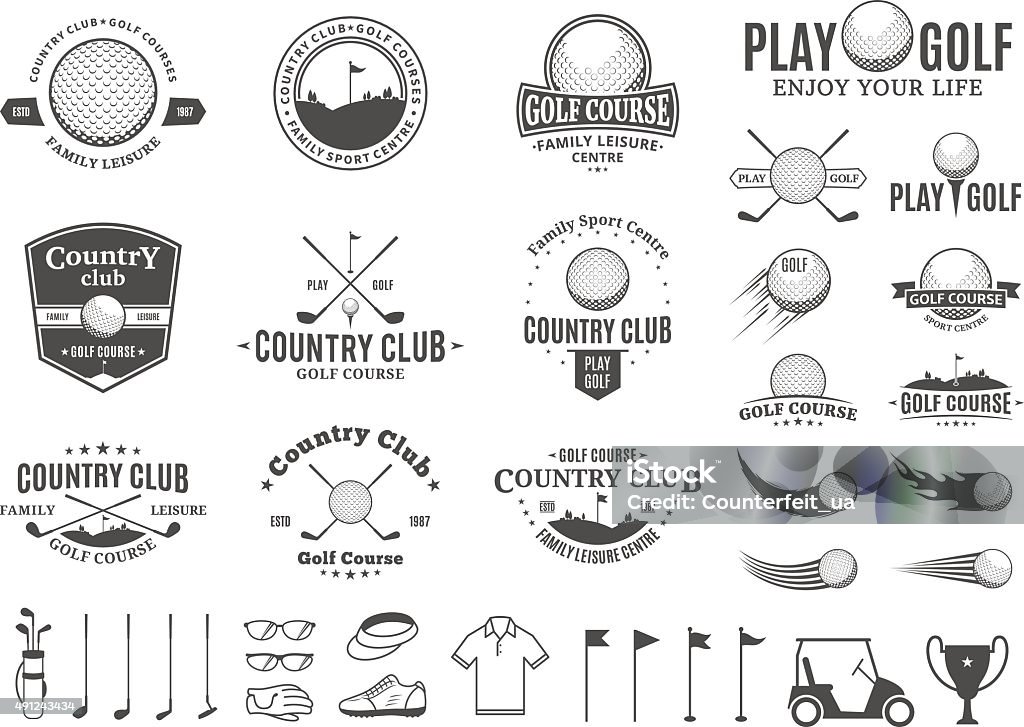 Golf country club labels, icons and design elements Set of golf country club labels templates. Golf labels with sample text. Golf icons for golf tournaments, organizations and golf country clubs. Vector labels design. Golf stock vector