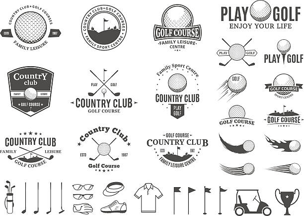 Golf country club labels, icons and design elements Set of golf country club labels templates. Golf labels with sample text. Golf icons for golf tournaments, organizations and golf country clubs. Vector labels design. golf designs stock illustrations