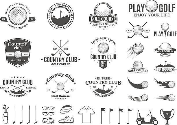 Golf country club labels, icons and design elements Set of golf country club labels templates. Golf labels with sample text. Golf icons for golf tournaments, organizations and golf country clubs. Vector labels design. black and white sports silhouette stock illustrations