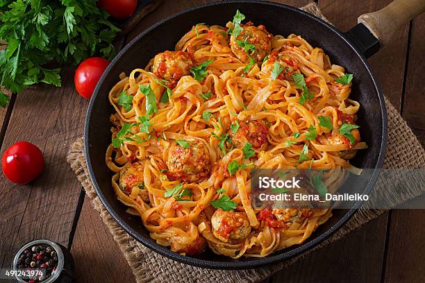 Pasta Linguine With Meatballs In Tomato Sauce Stock Photo - Download Image Now - 2015, Backgrounds, Beef