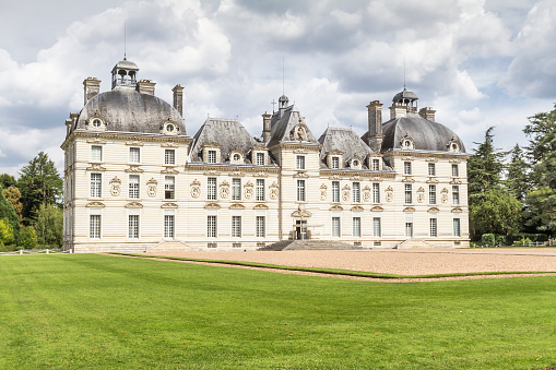 Cheverny, France - August 19, 2015: Chateau de Cheverny - Loire Valley - The castle of Cheverny, is located between Blois and Chambord and a few kilometres below Cheverny village. The castle of Cheverny, begun around 1500, was concluded in a few years between 1604 and about 1634 by the Hurault Family 