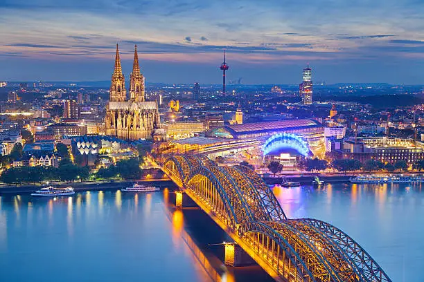 Image of Cologne with Cologne Cathedral during twilight blue hour.