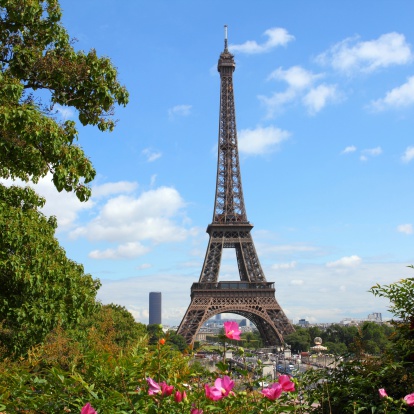 Paris, France - cityscape with Trocadero gardens and Eiffel Tower. UNESCO World Heritage Site. Square composition.
