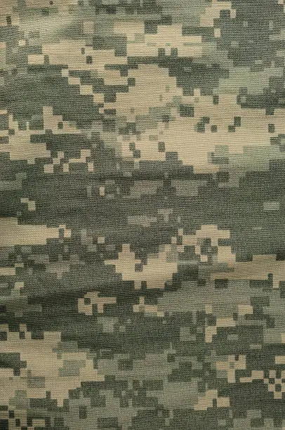 Universal camouflage pattern, army combat uniform digital camo, USA military ACU macro closeup, detailed large rip-stop fabric texture background, crumpled, wrinkled, foliage green, yellow desert sand tan, urban gray grey NYCO, nylon, cotton, vertical textured swatch
