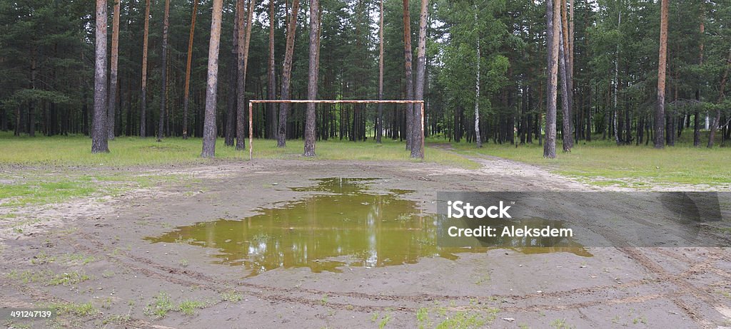 Football gates with nature background Football gates with nature grass and puddle background. Agricultural Field Stock Photo