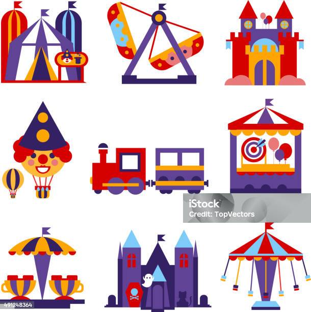 Amusement Park Vector Flat Design Illustrations Set Stock Illustration - Download Image Now