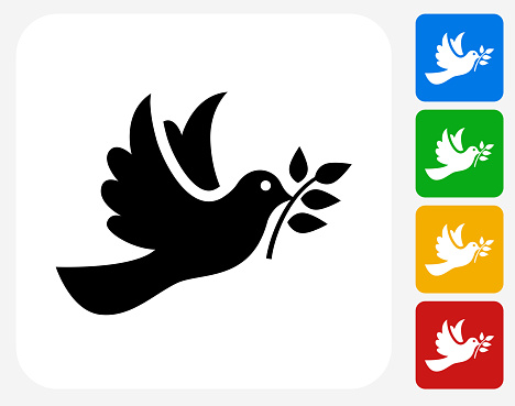 Dove Icon. This 100% royalty free vector illustration features the main icon pictured in black inside a white square. The alternative color options in blue, green, yellow and red are on the right of the icon and are arranged in a vertical column.