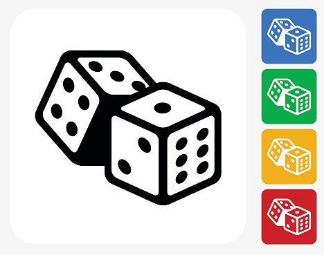 Dice Icon. This 100% royalty free vector illustration features the main icon pictured in black inside a white square. The alternative color options in blue, green, yellow and red are on the right of the icon and are arranged in a vertical column.