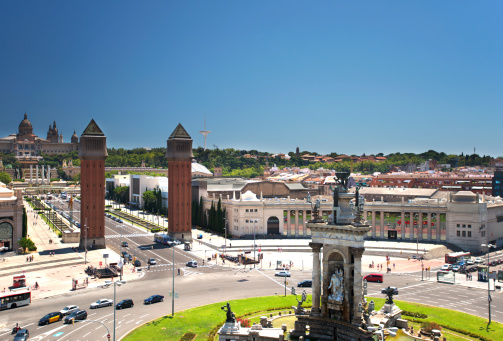 Montjuic fountain on Plaza de Espana in Barcelona, Spain