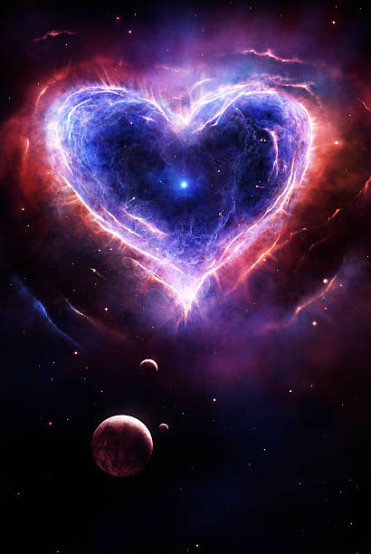 Colorful supernova heart Illustration of a colorful supernova in heart shape with planets and stars. extrasolar planet stock illustrations