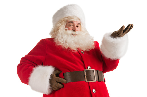 Portrait of happy Santa Claus isolated on white background presenting, greeting, welcoming