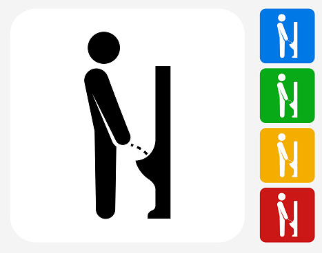Peeing Urinal Icon. This 100% royalty free vector illustration features the main icon pictured in black inside a white square. The alternative color options in blue, green, yellow and red are on the right of the icon and are arranged in a vertical column.