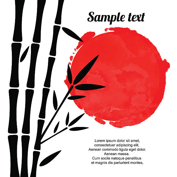 czarne sylwetki drzewa bambusowe i czerwony watercolor - bamboo shoot bamboo japanese culture paintings stock illustrations