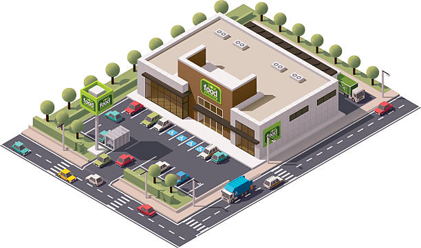 illustrations, cliparts, dessins animés et icônes de vecteur isométrique supermarché - place parking