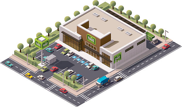 Vector isometric supermarket Vector isometric grocery store building shopping mall stock illustrations