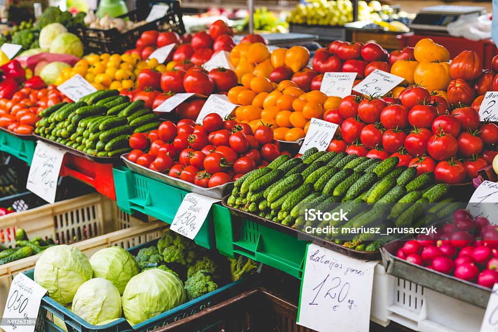 Fruits and Vegetables at City Market in Riga 2015 Stock Photo