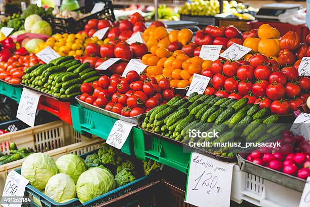 Fruits And Vegetables At City Market In Riga Stock Photo - Download Image Now - 2015, Fruit, Horizontal