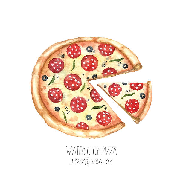 워터컬러 피자. - pizza illustration and painting italian cuisine salami stock illustrations