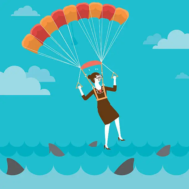 Vector illustration of Parachuting Businesswoman On Shark Infested Water | New Business