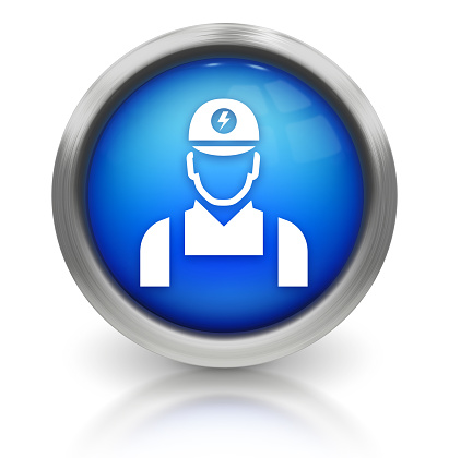 Electrician Icon on blue button with silver rim is on an empty white background. The button is circular and is featuring shiny blue plastic or glass surface with detailed shadows and reflections.