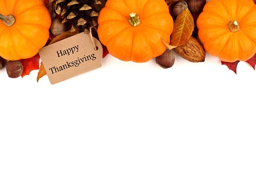 Happy Thanksgiving tag with autumn top border of pumpkins, leaves and nuts isolated on white