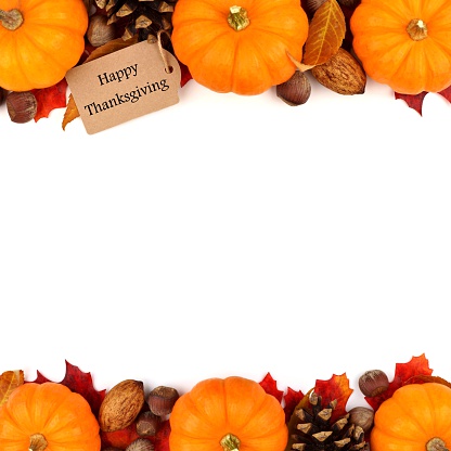 Happy Thanksgiving tag with autumn double border of pumpkins, leaves and nuts isolated on white