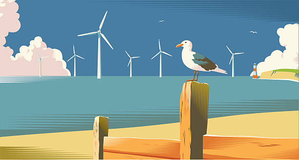 ilustrações, clipart, desenhos animados e ícones de fazenda de vento na costa - wind turbine