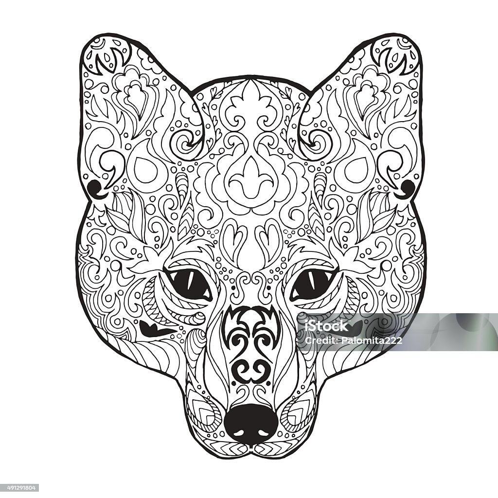 Fox head. Fox head. Adult antistress coloring page. Black white hand drawn doodle animal. Ethnic patterned vector. African, indian, totem tribal design. Sketch for tattoo, poster, print, t-shirt 2015 stock vector