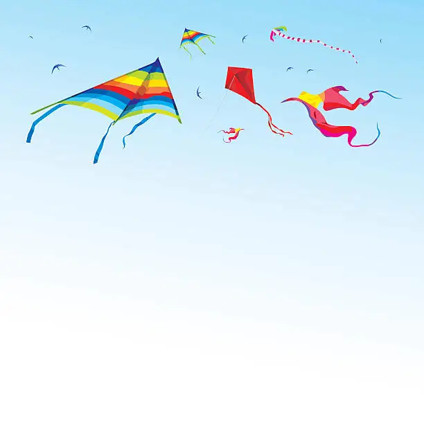 Vector illustration of Kites and birds in the sky - vector