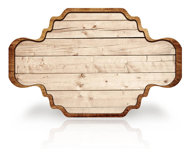 istock Brown wooden ornate signboard, reflection on white, dark frame and 491294570