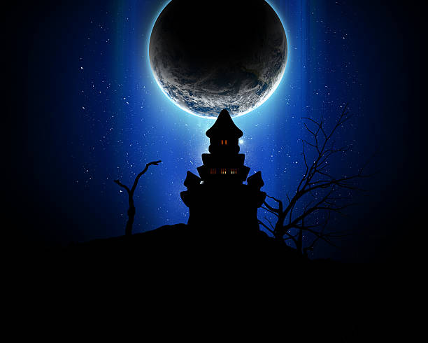 istock 3D Halloween background with spooky castle silhouette 491296286