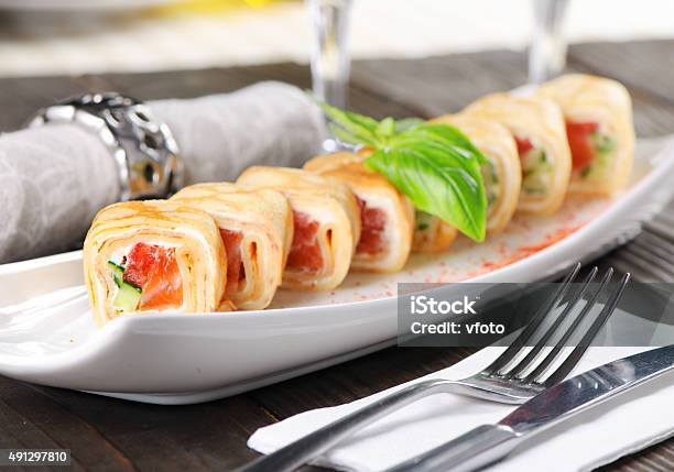 Pancake Roll With Salmon Stock Photo - Download Image Now - 2015, Appetizer, Backgrounds