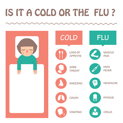  flu and cold disease symptoms infographic, vector sick icon illustration 