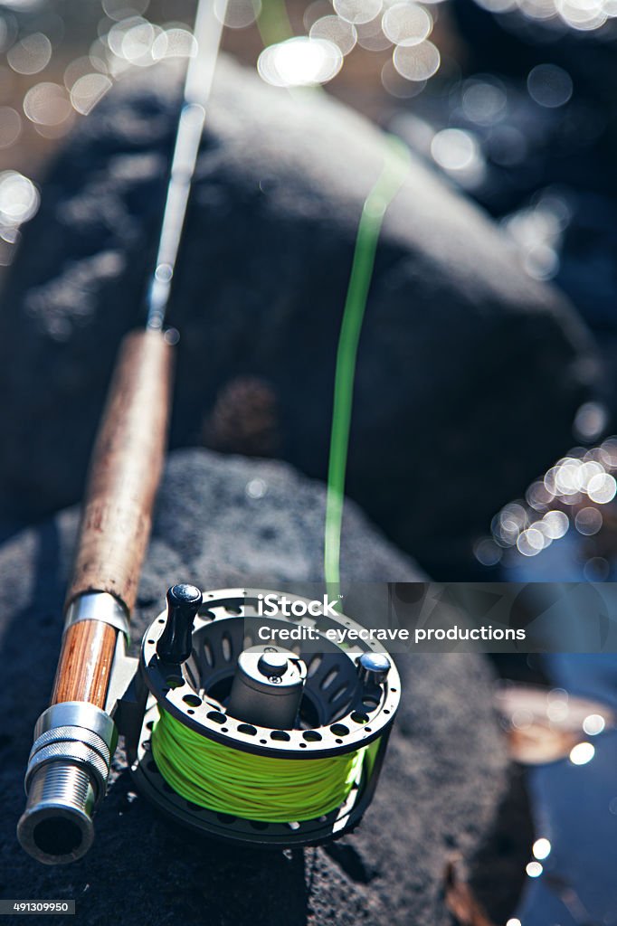Fly Fishing pole and reel in Colorado mountain stream Fly Fishing pole and reel in laroux creek fresh mountain stream in western colorado teaming with trout 2015 Stock Photo