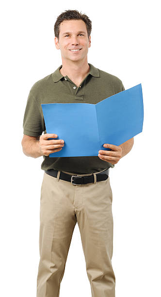 istock Casual Dress Businessman Holding Blue Folder on White 491311048