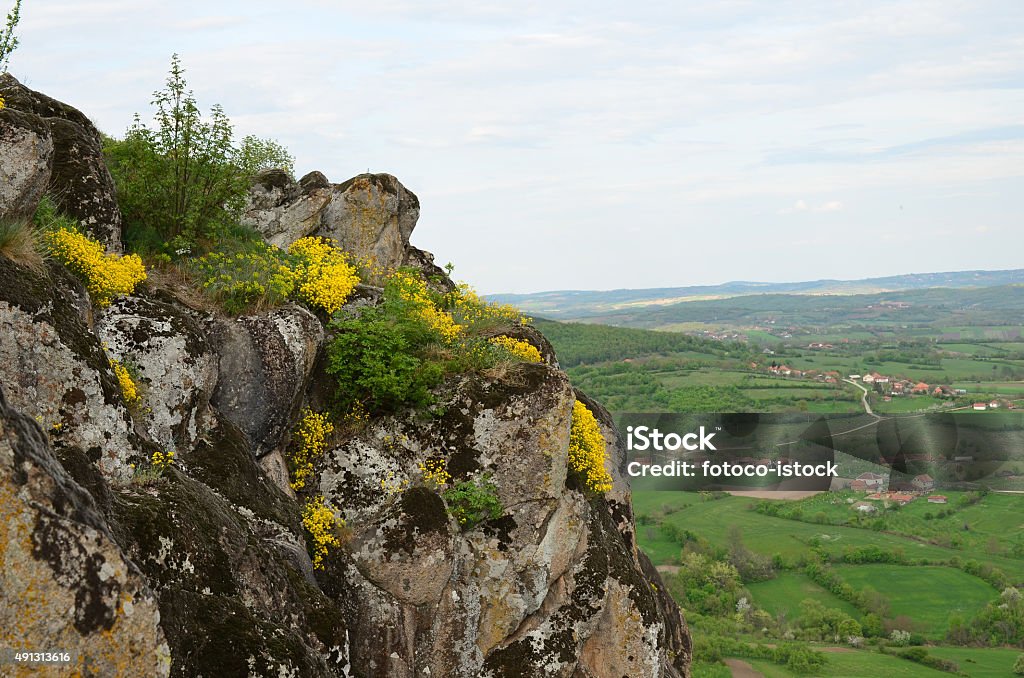 Volcanic rocks above village Volcanic rocks overgrown with moss, lichen and yellow spring flowers above village in the valley, Borac, Serbia 2015 Stock Photo