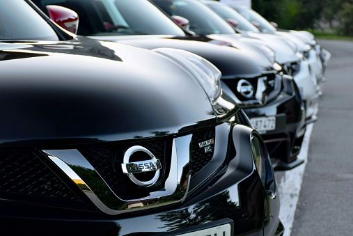 Megeve, France - 24th September, 2015: Nissan Juke cars stopped on the parking during the press launch. The Juke model was debut in 2009 on the market. This model is on of the most popular crossovers on the European market.
