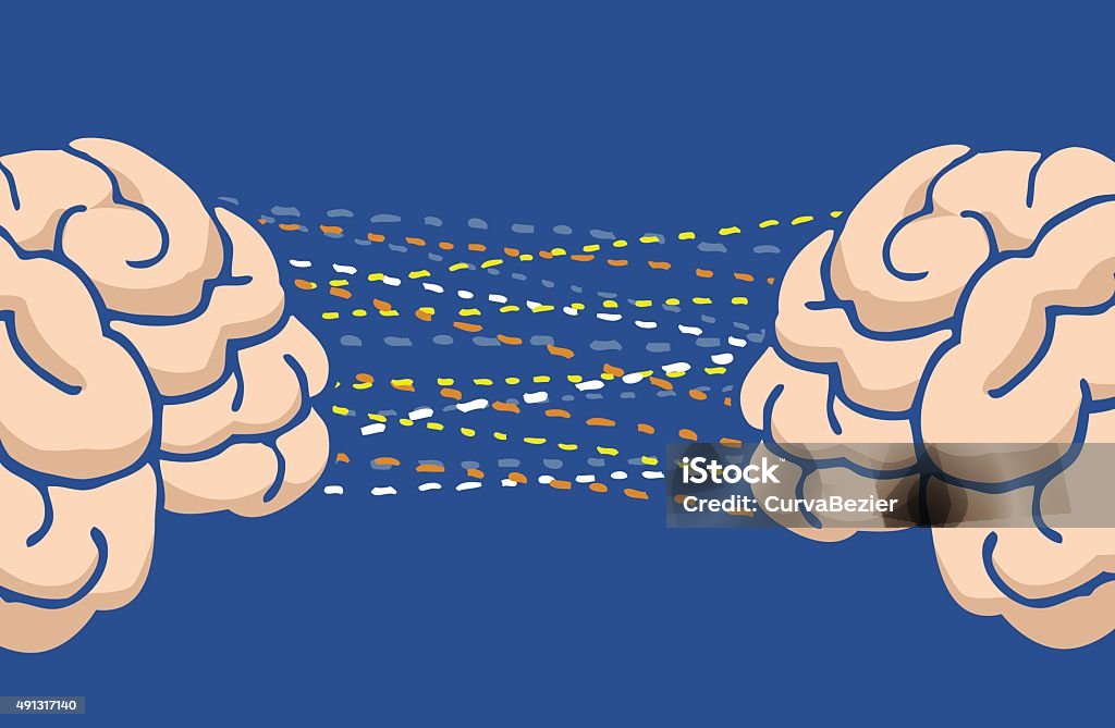 Communication and connection between two minds or brains Cartoon illustration of two minds or brain communication or connection 2015 stock vector