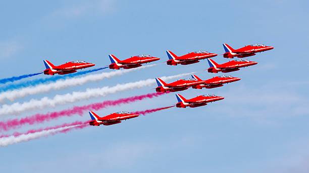 The Red Arrows Silverstone, England - June 30, 2013: RAF aerobatics display team the Red Arrows give a display prior to the 2013 British Grand Prix. silverstone stock pictures, royalty-free photos & images