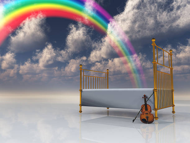 Slumber Bed with violin and rainbow in surreal scene beautiful multi colored tranquil scene enjoyment stock pictures, royalty-free photos & images