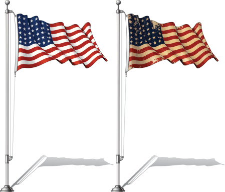 Vector Illustration of a waving 48 star US flag in a clean-cut and an aged version, fasten on a flag pole. This was the flag of the United States during WWI, WWII and the Korean War. Both versions are in-place in separate layers. Flags and pole in separate groups; line art, shading and color neatly in groups for easy editing. EPS-10 and a 30+ Mpxl Q12 JPEG Preview.