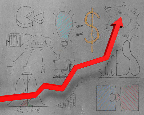istock Growing red arrow with business doodles on wall 491326317