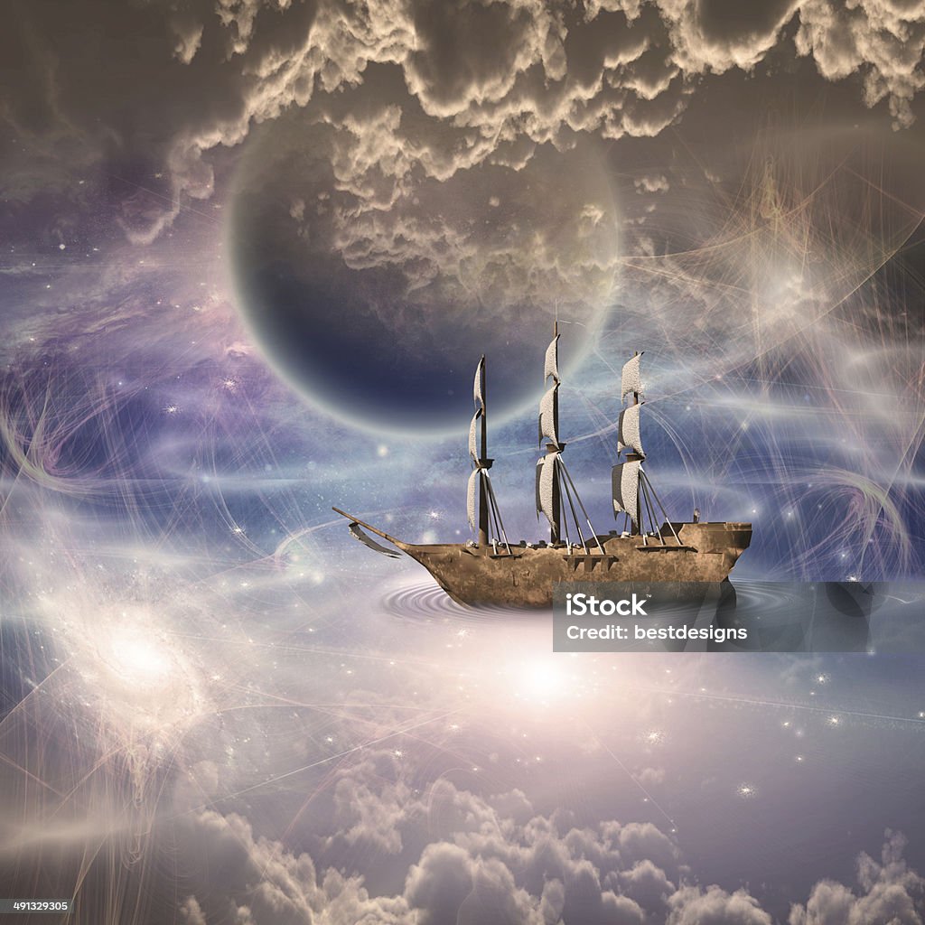 Sailing Sailing ship with full sails in fantastic scene Moon Stock Photo