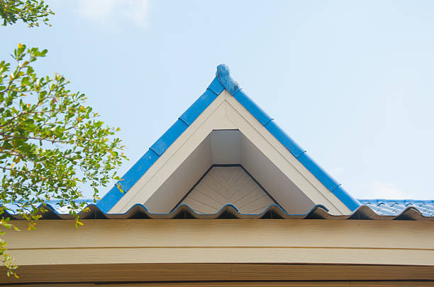 istock Tile roofing and shake gable details on modern home 491332420