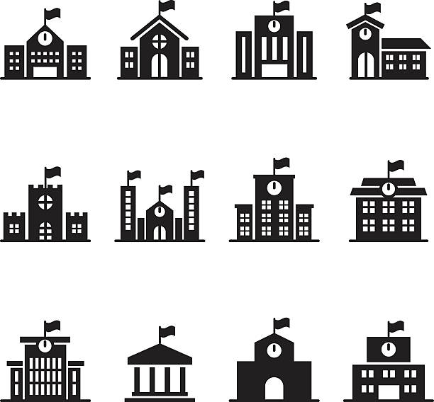 schulgebäude icons set - schulgebäude stock-grafiken, -clipart, -cartoons und -symbole