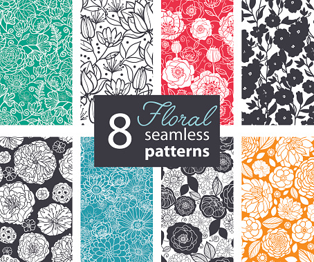 Vector Black White Color Flowers 8 Set Seamless Pattern. Poppy, peony graphic design